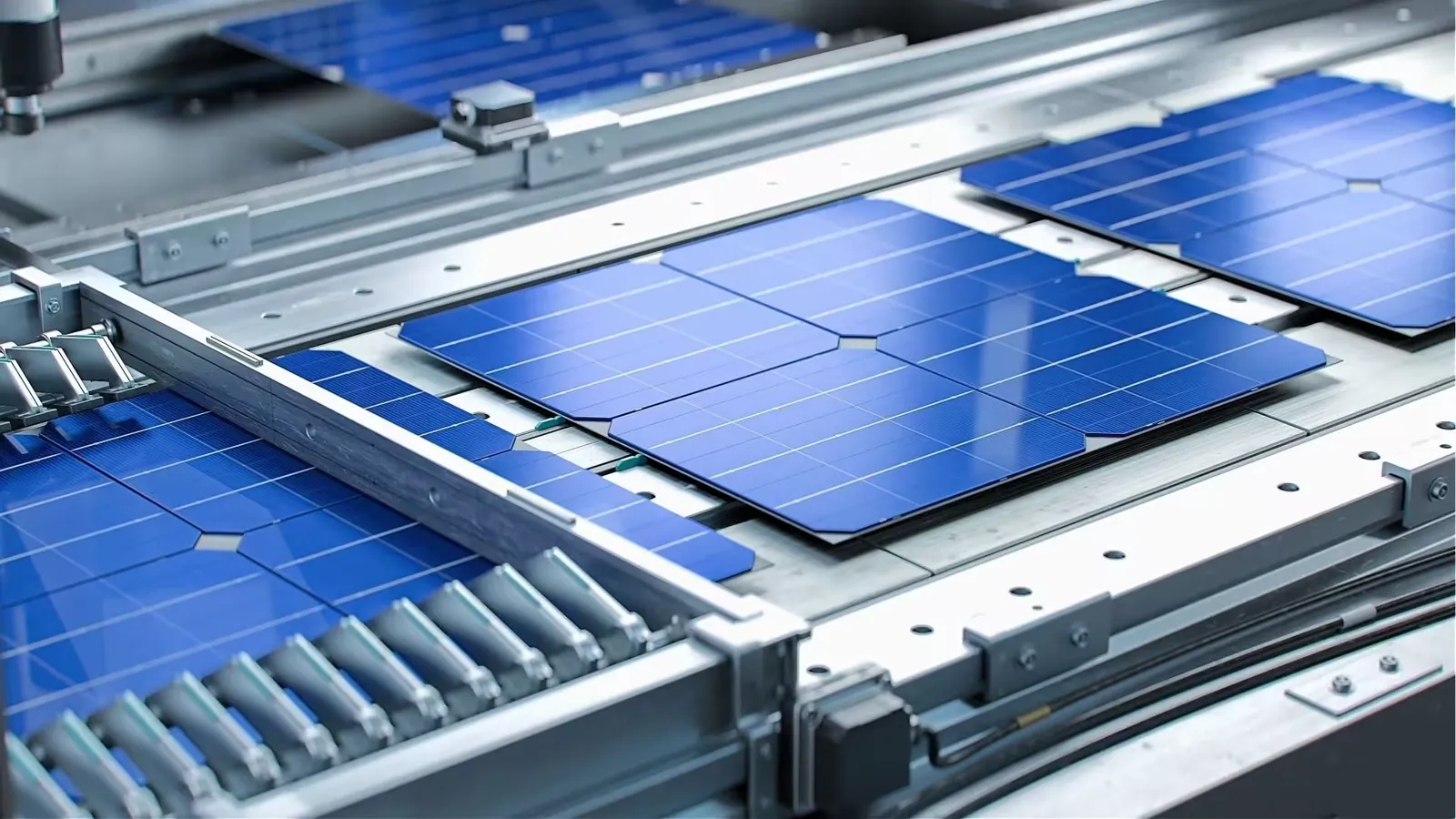 Zonnecellen op een transportsysteem in een productielijn voor zonnepanelen