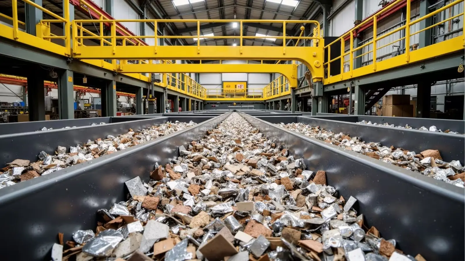 Recyclingmateriaal op brede transportbanden in een sorteerhal